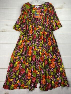 Go Softly Patio Dress XL Multi Tropical Print Pleated Bell Sleeve Boho Beach NWT